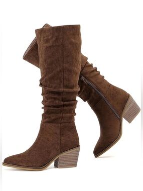 🆕 Wide Calf Knee High Boots Women Square Toe Chunky Heel Boots